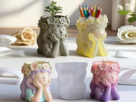 Molde silicona maceta nena con vincha de flores 